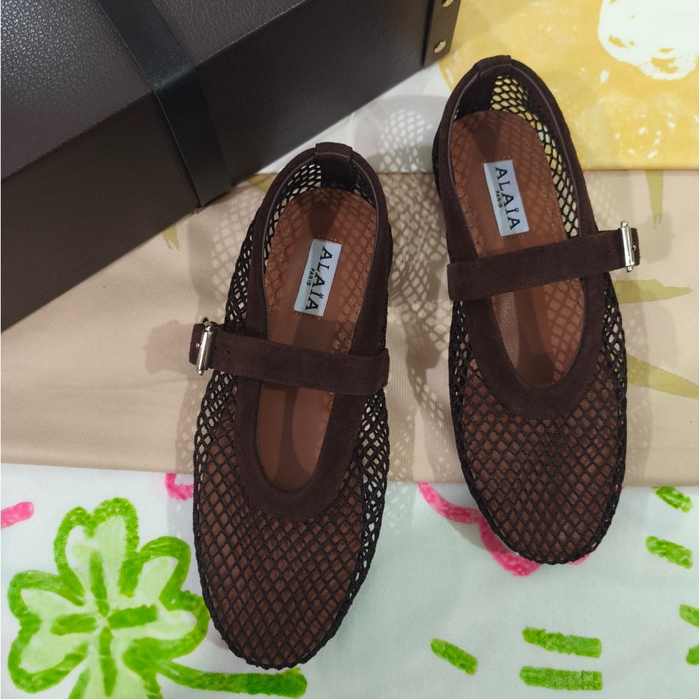 Alaia Brown Mesh Mary Jane Loafers with Strap - Picture 1 of 9